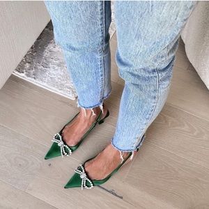 ZARA GREEN EMBELLISHED BOW HEELED SLINGBACK